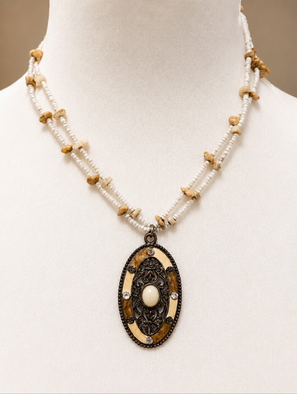 French Multi-Strand Natural Stone Pendant Necklace Cream Jasper Shell Cabochon